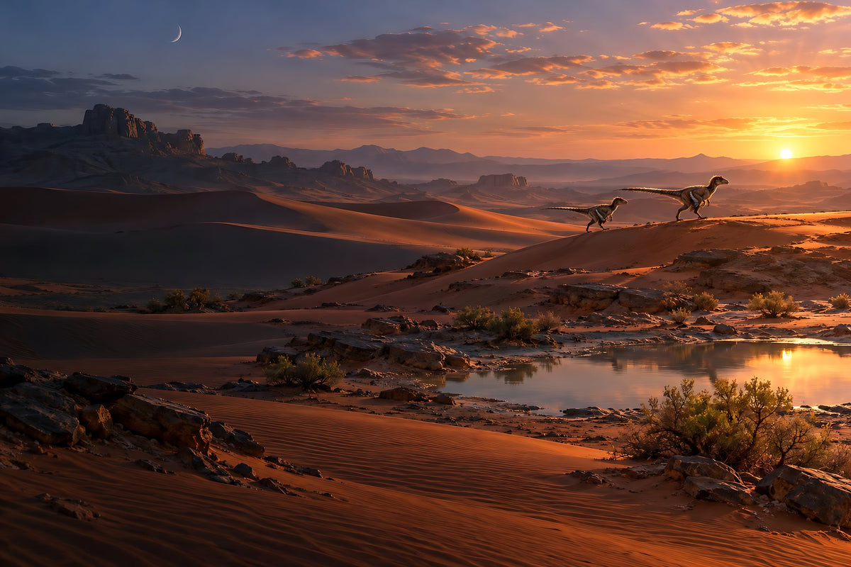 Gobi desert dunes at dawn, 73 million years ago