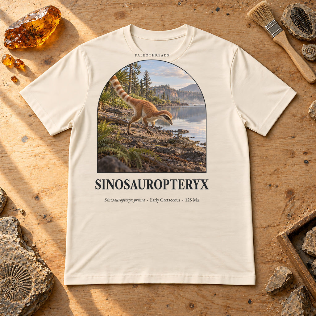 Sinosauropteryx t-shirt flat lay – natural PaleoThreads paleo art tee on a fossil prep bench with amber