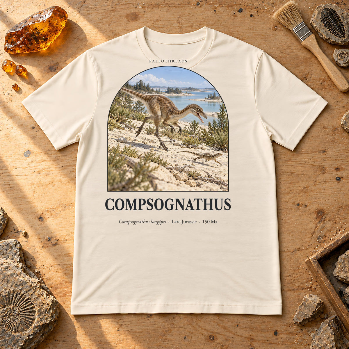 Compsognathus t-shirt flat lay – natural PaleoThreads paleo art tee on a fossil prep bench with amber