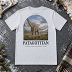 Patagotitan t-shirt flat lay – ash PaleoThreads paleo art tee on frosty slate with an antler