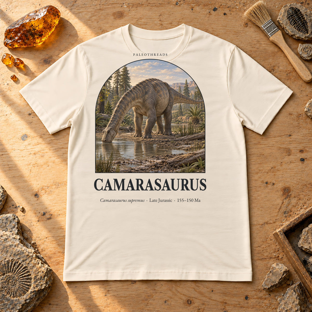 Camarasaurus t-shirt flat lay – natural PaleoThreads paleo art tee on a fossil prep bench with amber