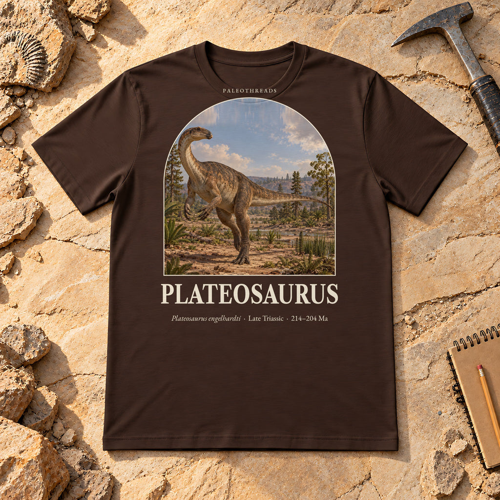 Plateosaurus t-shirt flat lay – brown PaleoThreads paleo art tee on sandstone with a rock hammer
