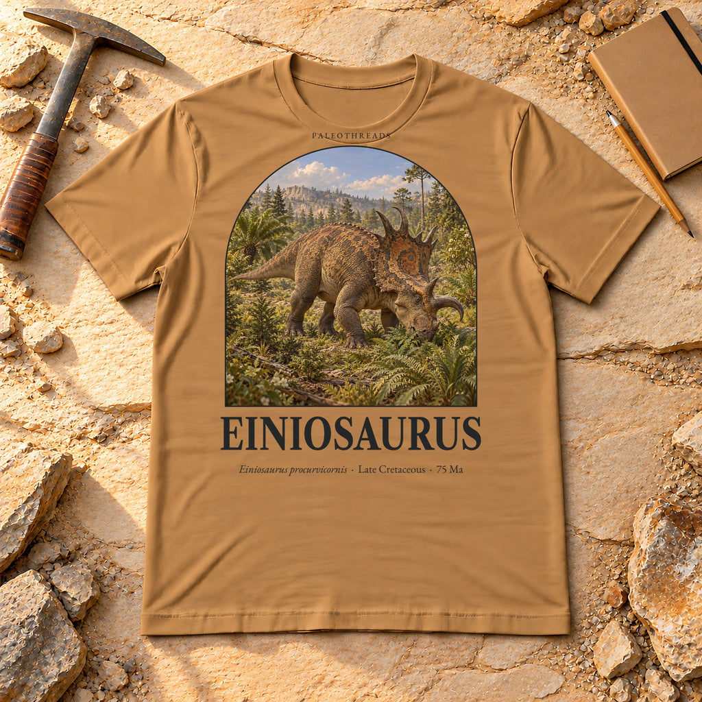 Einiosaurus t-shirt flat lay – toast PaleoThreads paleo art tee on sandstone with a rock hammer