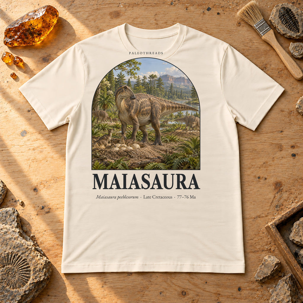 Maiasaura t-shirt flat lay – natural PaleoThreads paleo art tee on a fossil prep bench with amber