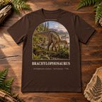 Brachylophosaurus t-shirt flat lay – brown PaleoThreads paleo art tee on a walnut field desk with ferns