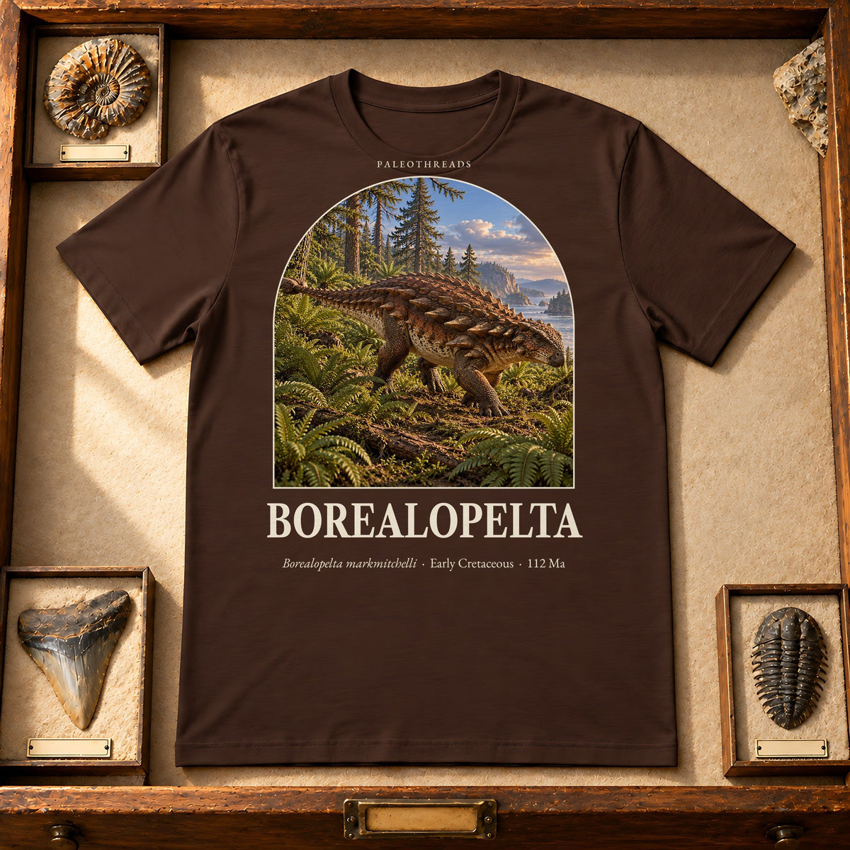 Borealopelta t-shirt flat lay – brown PaleoThreads paleo art tee in a museum fossil drawer