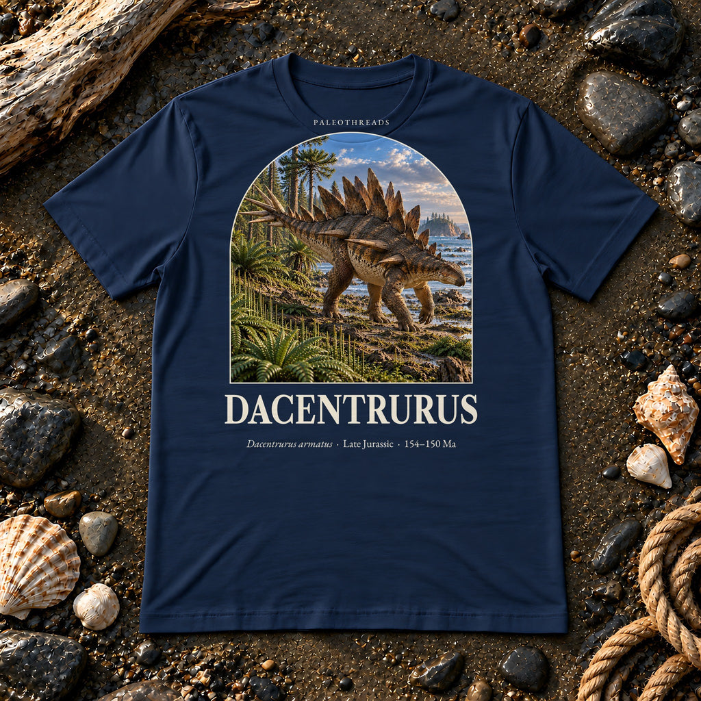 Dacentrurus t-shirt flat lay – navy PaleoThreads paleo art tee on a fossil beach with driftwood