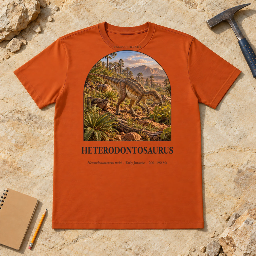 Heterodontosaurus t-shirt flat lay – autumn PaleoThreads paleo art tee on sandstone with a rock hammer
