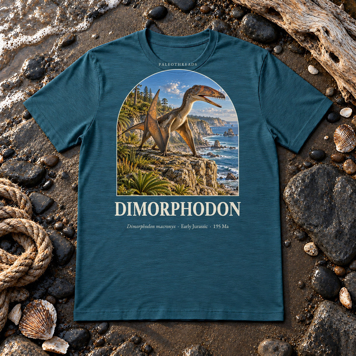 Dimorphodon t-shirt flat lay – heather deep teal PaleoThreads paleo art tee on a fossil beach with driftwood