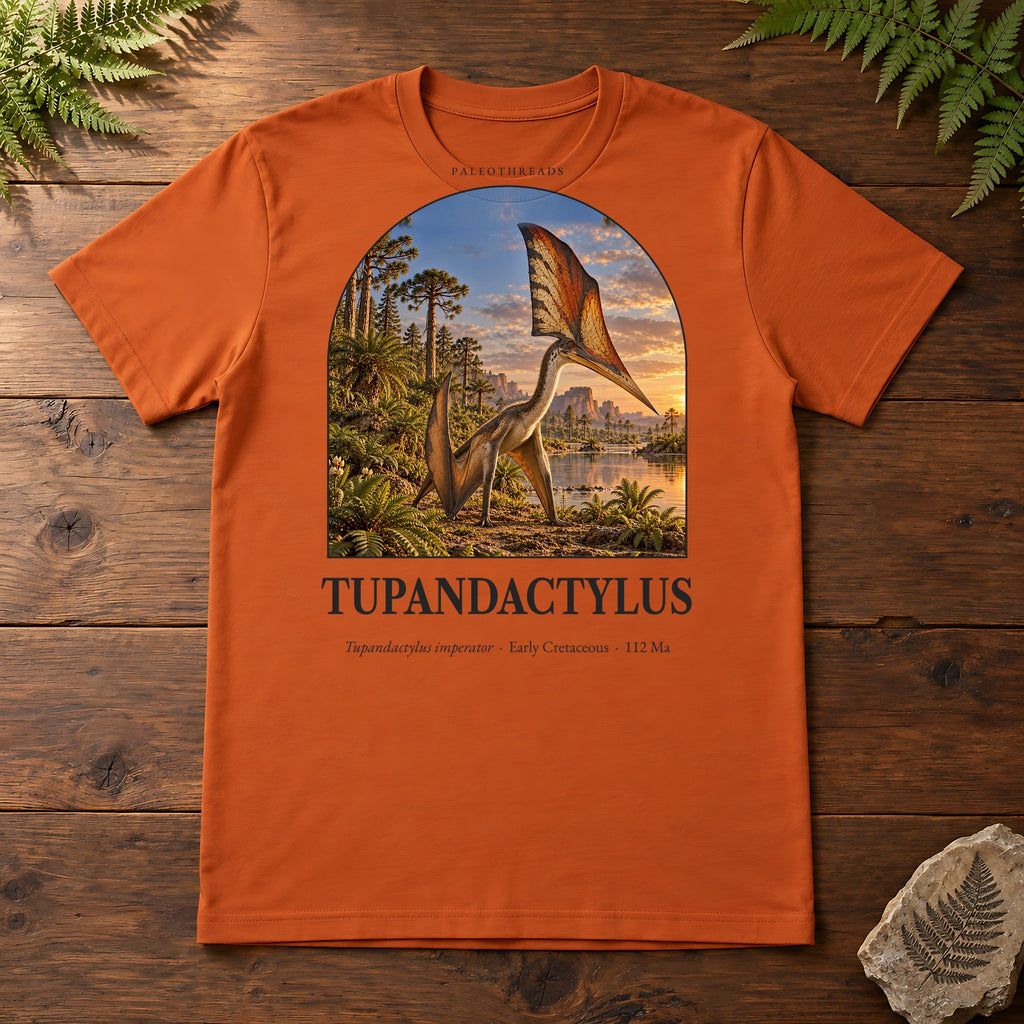 Tupandactylus t-shirt flat lay – autumn PaleoThreads paleo art tee on a walnut field desk with ferns