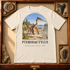 Pterodactylus t-shirt flat lay – soft cream PaleoThreads paleo art tee in a museum fossil drawer