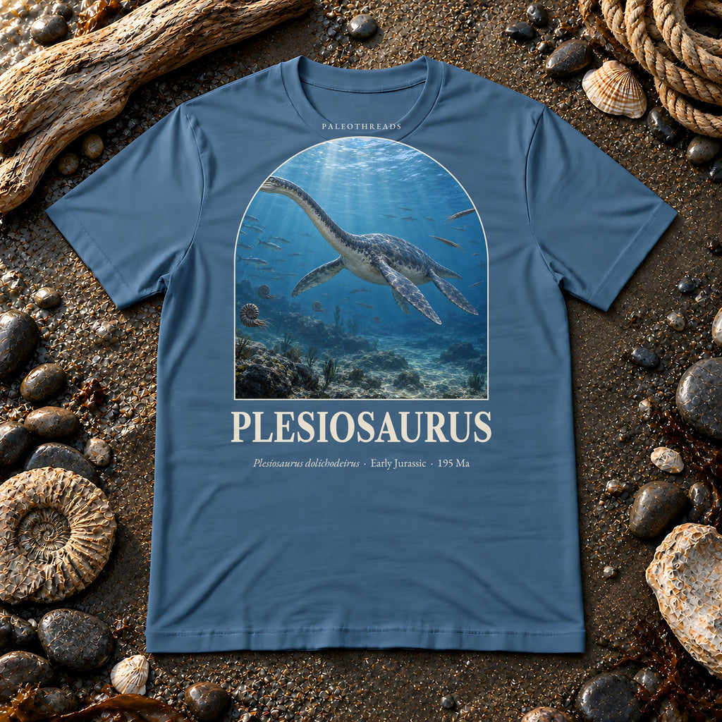 Plesiosaurus t-shirt flat lay – steel blue PaleoThreads paleo art tee on a fossil beach with driftwood