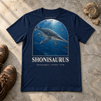 Shonisaurus t-shirt flat lay – navy PaleoThreads paleo art tee with hiking boots and an ammonite