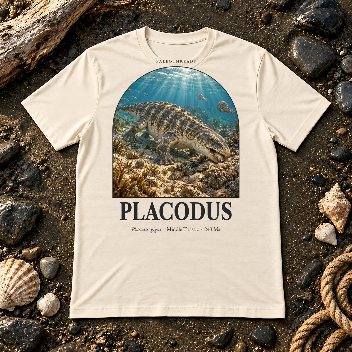 Placodus t-shirt flat lay – natural PaleoThreads paleo art tee on a fossil beach with driftwood
