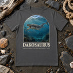 Dakosaurus t-shirt flat lay – asphalt PaleoThreads paleo art tee on a fossil beach with driftwood
