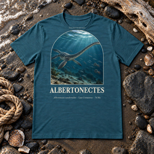 Albertonectes t-shirt flat lay – heather deep teal PaleoThreads paleo art tee on a fossil beach with driftwood