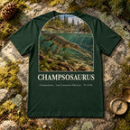 Champsosaurus t-shirt flat lay – forest PaleoThreads paleo art tee on mossy rock with a brass compass