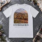 Lystrosaurus t-shirt flat lay – ash PaleoThreads paleo art tee on frosty slate with an antler