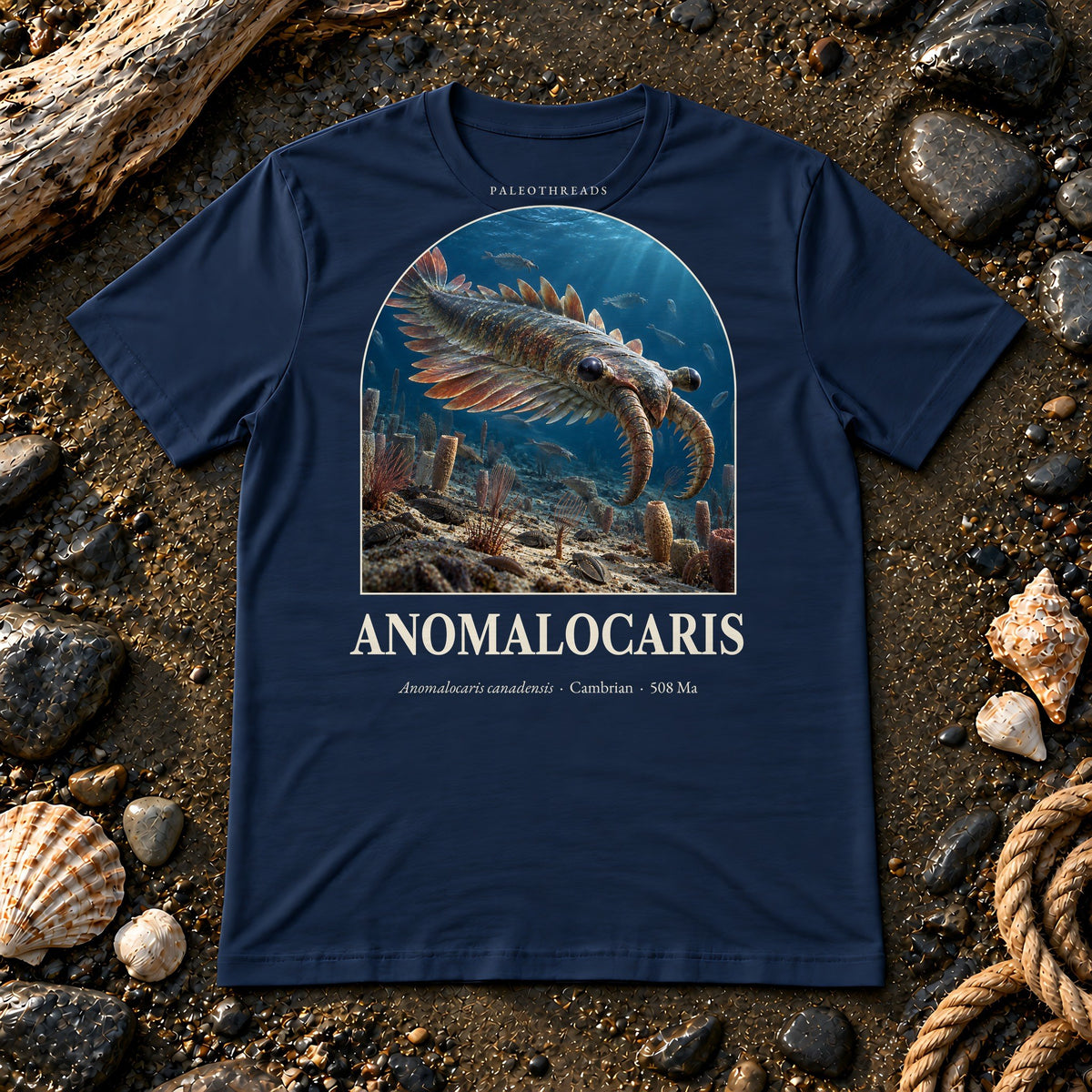 Anomalocaris t-shirt flat lay – navy PaleoThreads paleo art tee on a fossil beach with driftwood