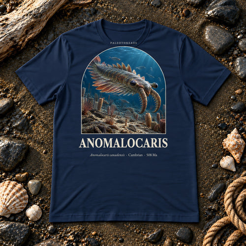 Anomalocaris t-shirt flat lay – navy PaleoThreads paleo art tee on a fossil beach with driftwood