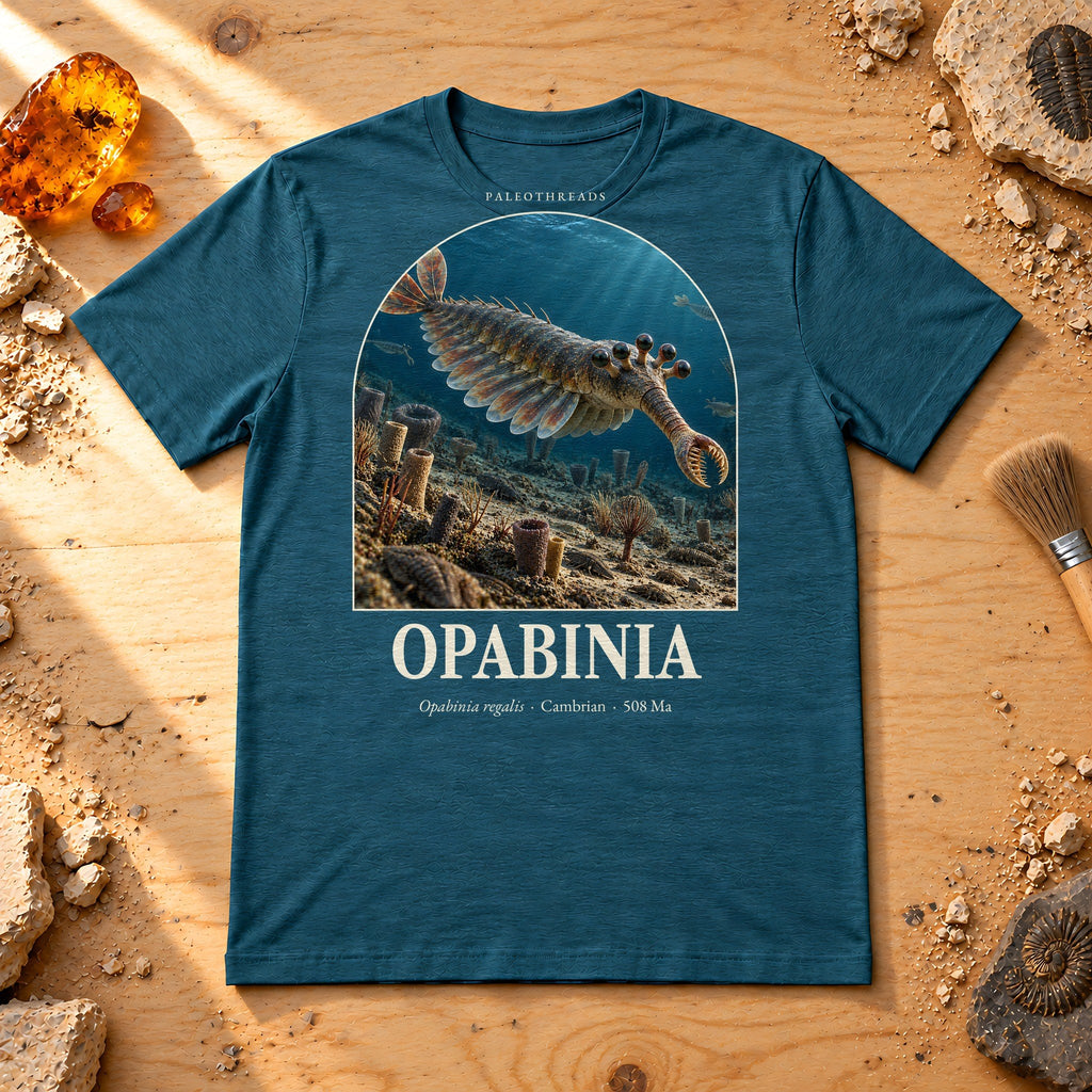 Opabinia t-shirt flat lay – heather deep teal PaleoThreads paleo art tee on a fossil prep bench with amber