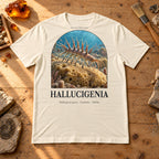 Hallucigenia t-shirt flat lay – soft cream PaleoThreads paleo art tee on a fossil prep bench with amber