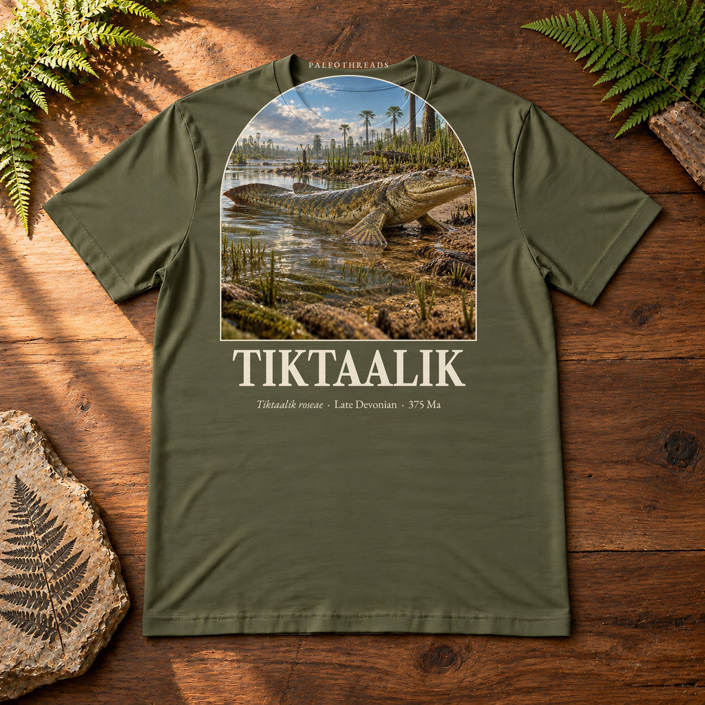 Tiktaalik t-shirt flat lay – olive PaleoThreads paleo art tee on a walnut field desk with ferns