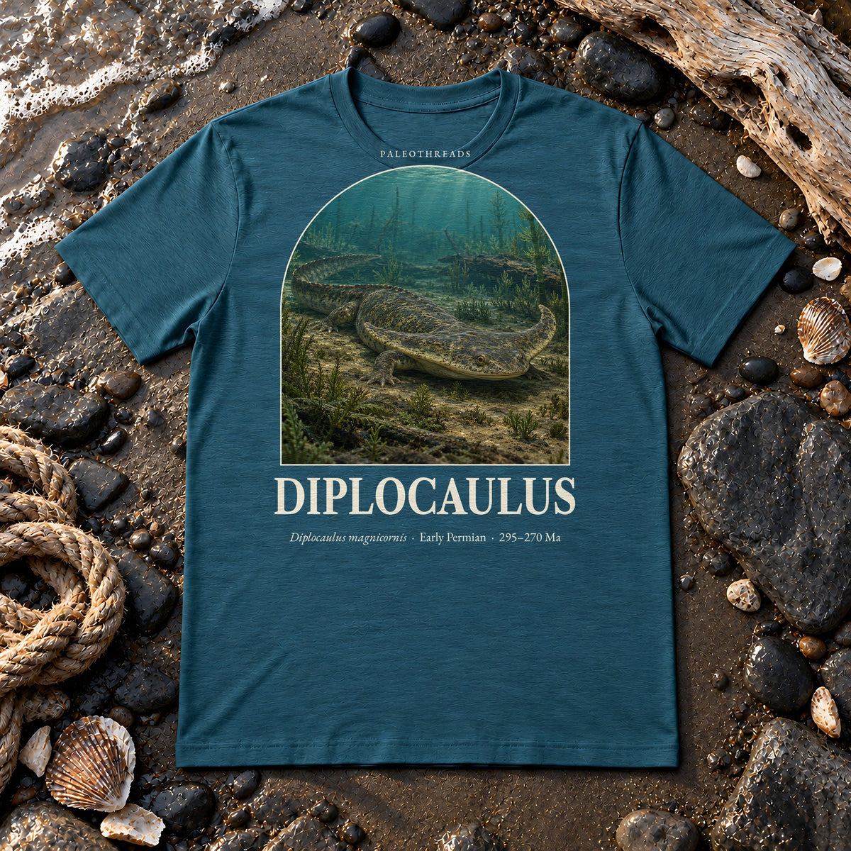 Diplocaulus t-shirt flat lay – heather deep teal PaleoThreads paleo art tee on a fossil beach with driftwood