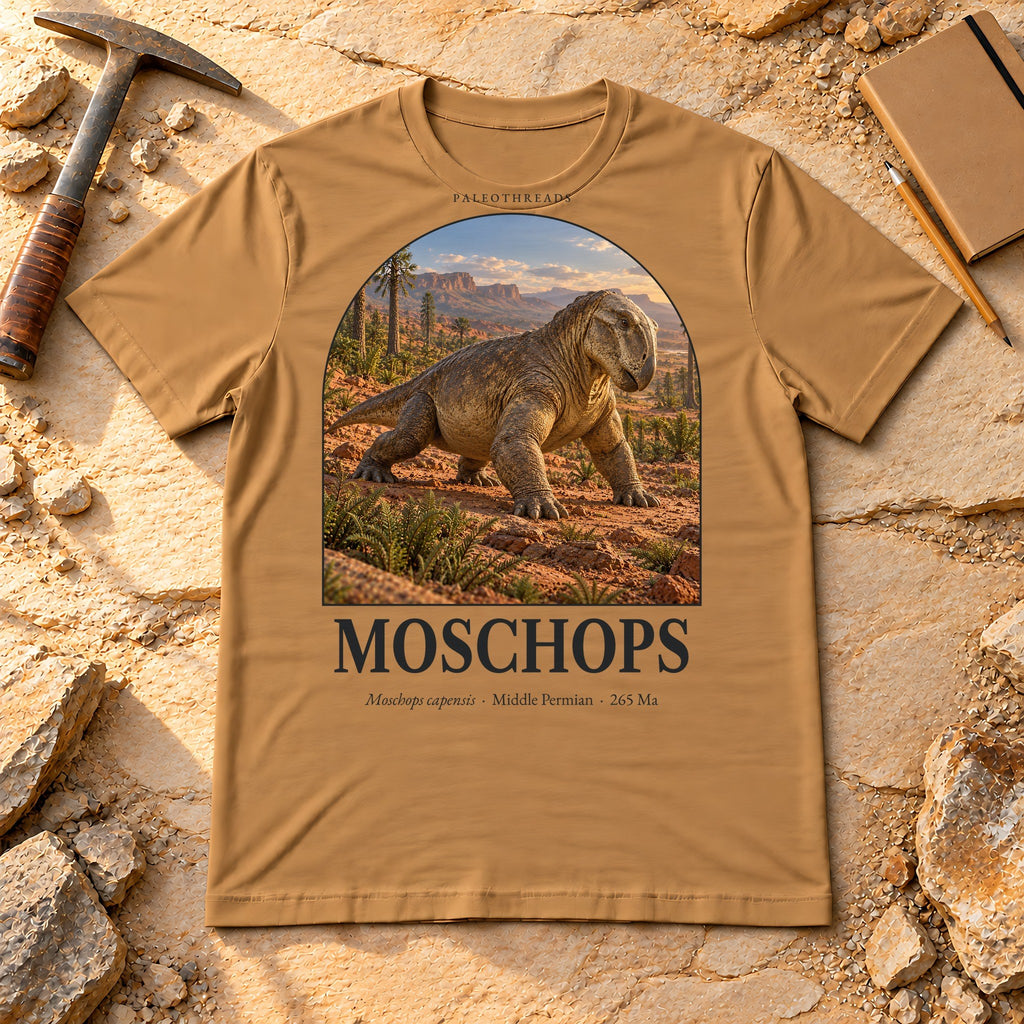 Moschops t-shirt flat lay – toast PaleoThreads paleo art tee on sandstone with a rock hammer