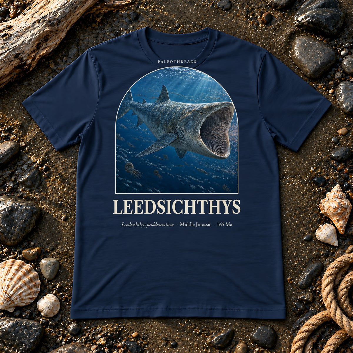 Leedsichthys t-shirt flat lay – navy PaleoThreads paleo art tee on a fossil beach with driftwood