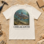 Coelacanth t-shirt flat lay – natural PaleoThreads paleo art tee on sandstone with a rock hammer