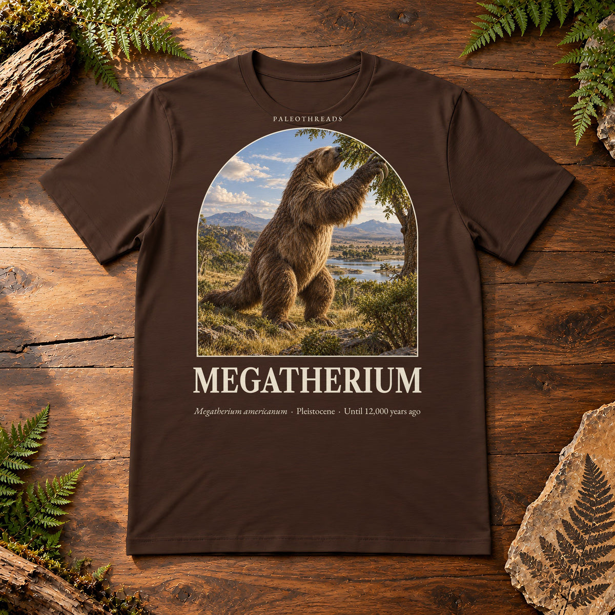 Megatherium t-shirt flat lay – brown PaleoThreads paleo art tee on a walnut field desk with ferns
