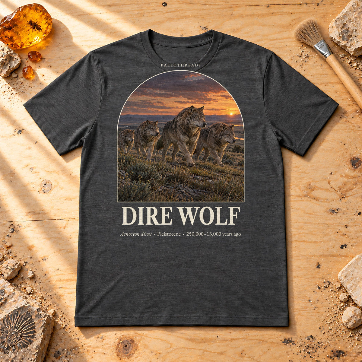 Dire Wolf t-shirt flat lay – dark grey heather PaleoThreads paleo art tee on a fossil prep bench with amber