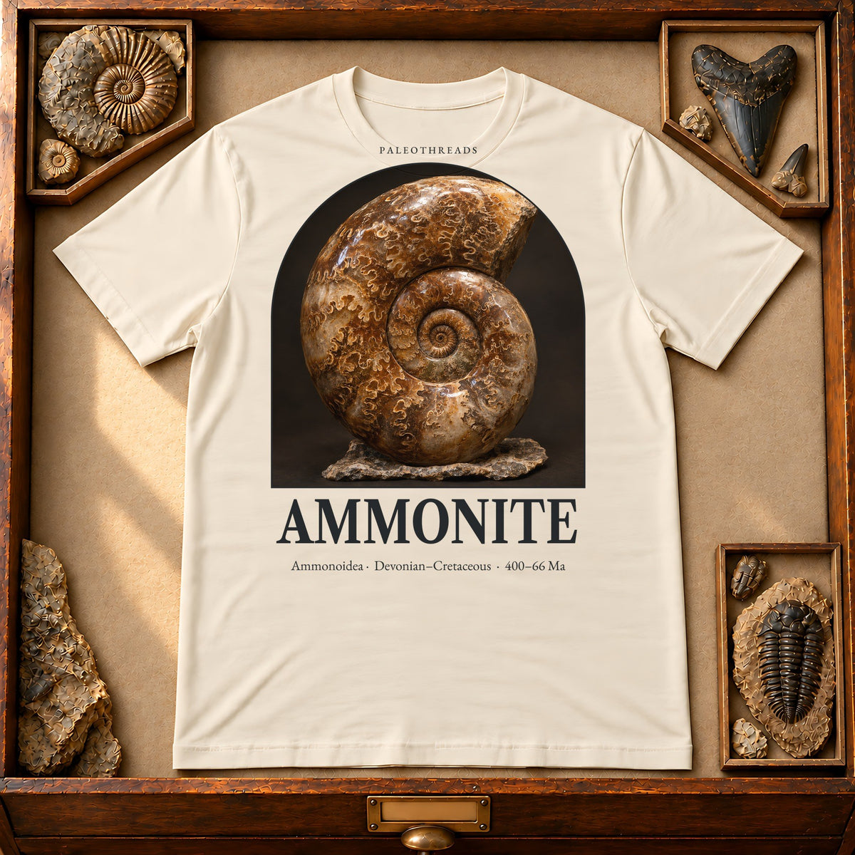 Ammonite t-shirt flat lay – soft cream PaleoThreads paleo art tee in a museum fossil drawer