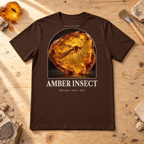 Amber Insect t-shirt flat lay – brown PaleoThreads paleo art tee on a fossil prep bench with amber