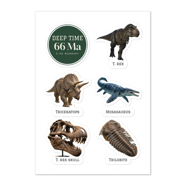 Deep Time Fossil Sticker Sheet — T. rex, Triceratops, Mosasaurus, Trilobite