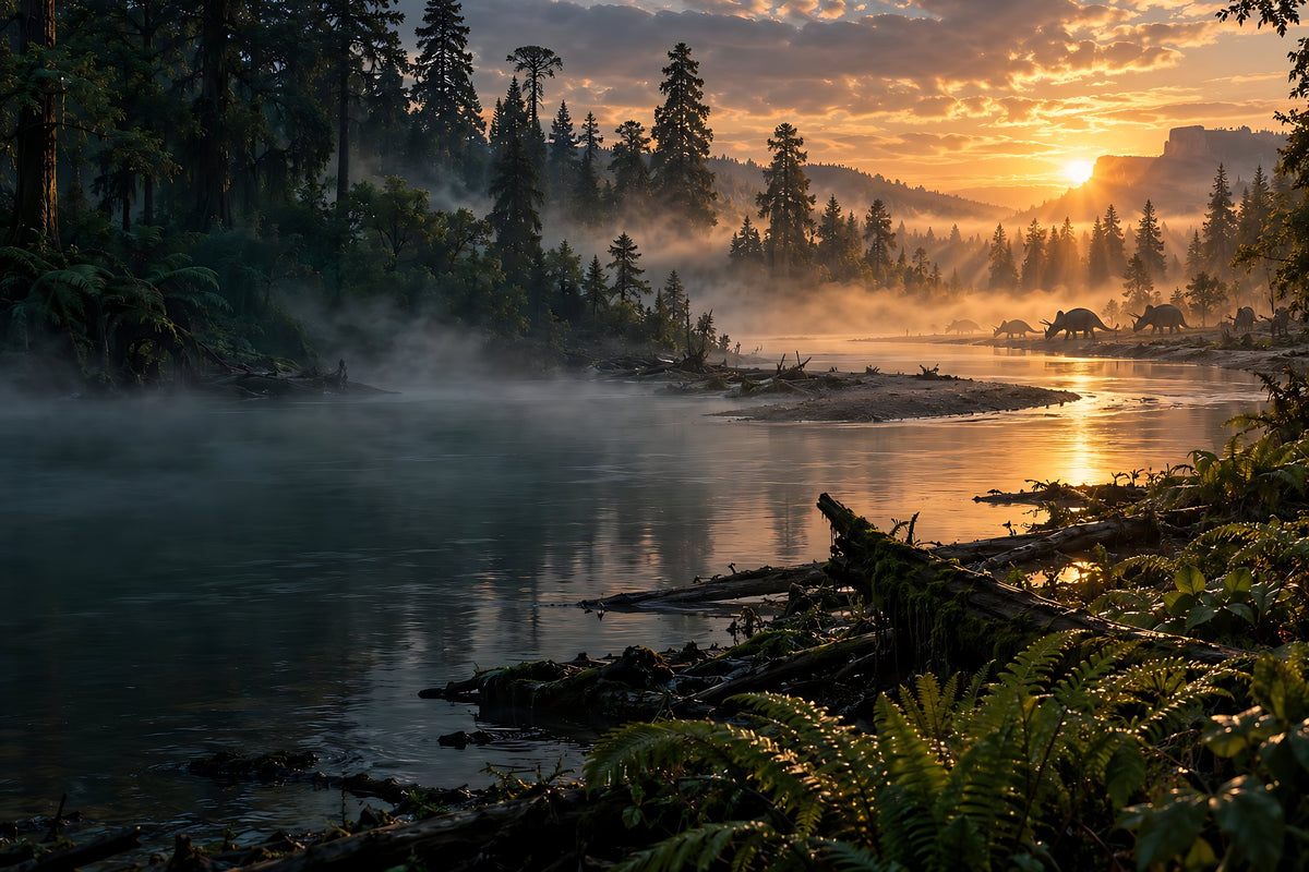 Late Cretaceous river floodplain at dawn