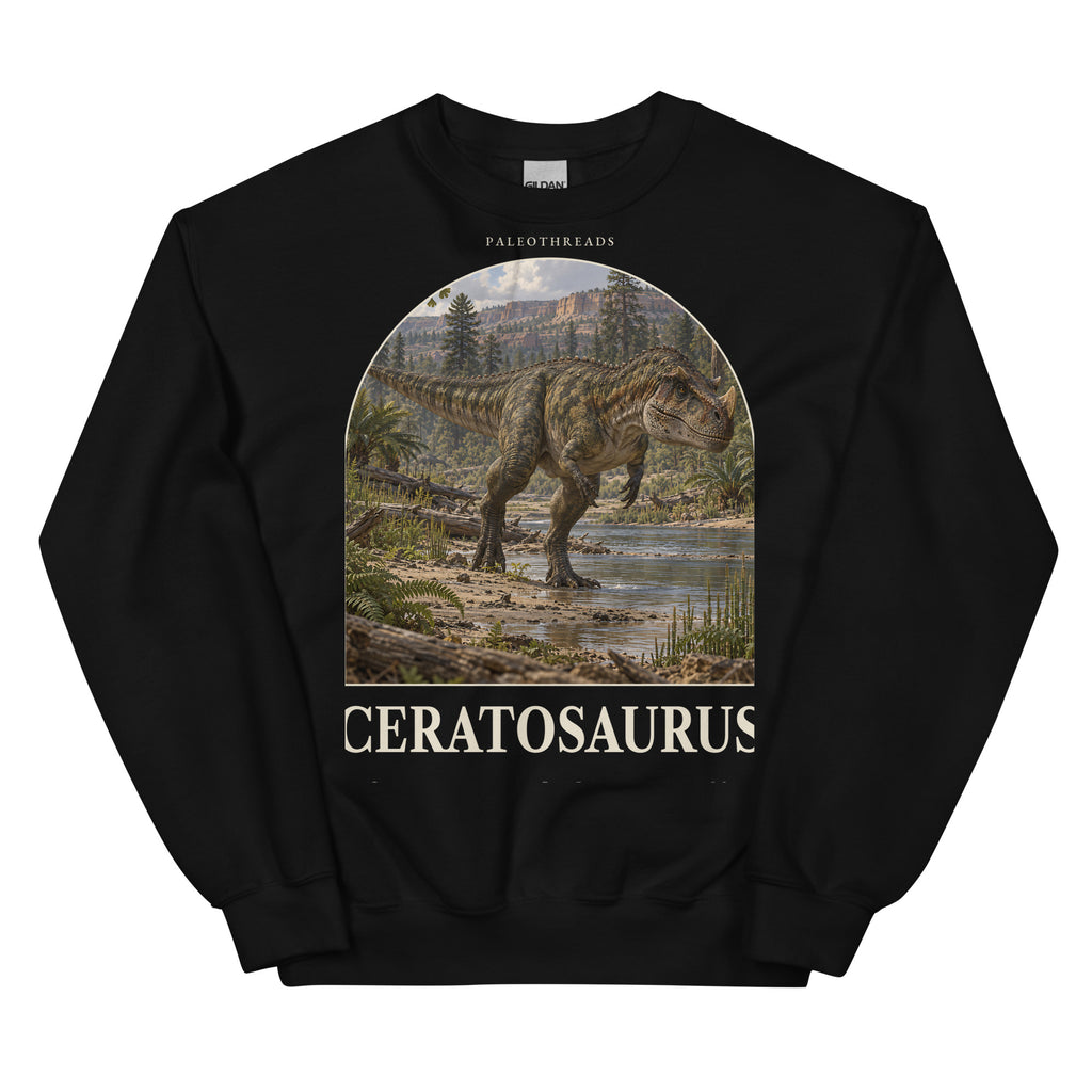 Ceratosaurus crewneck sweatshirt in Black — Deep Time Atlas Plate 020, PaleoThreads