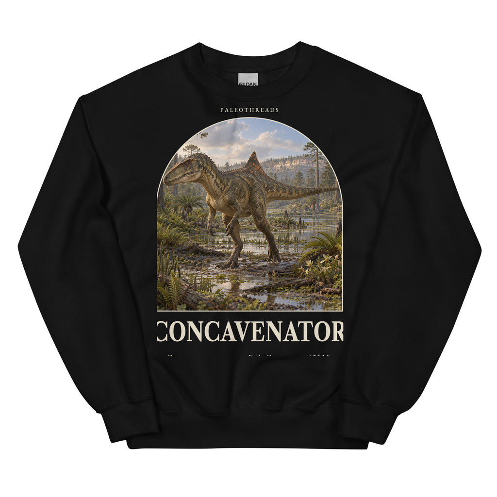 Concavenator crewneck sweatshirt in Black — Deep Time Atlas Plate 037, PaleoThreads