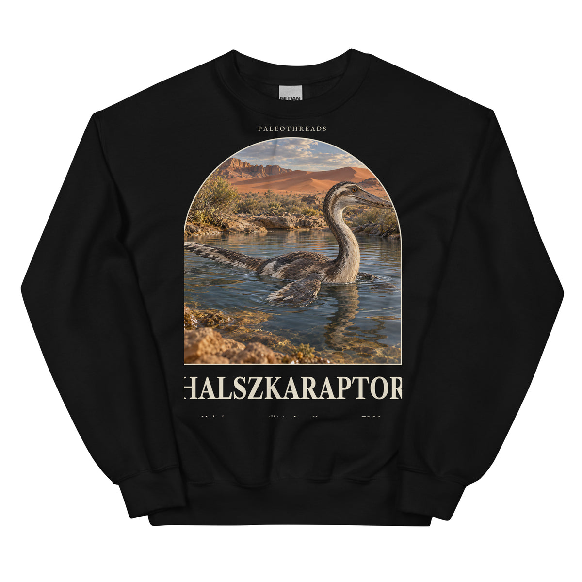 Halszkaraptor crewneck sweatshirt in Black — Deep Time Atlas Plate 040, PaleoThreads