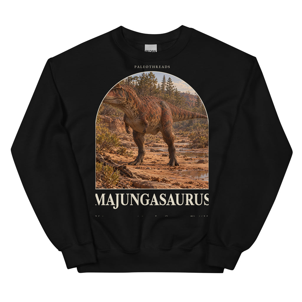Majungasaurus crewneck sweatshirt in Black — Deep Time Atlas Plate 039, PaleoThreads