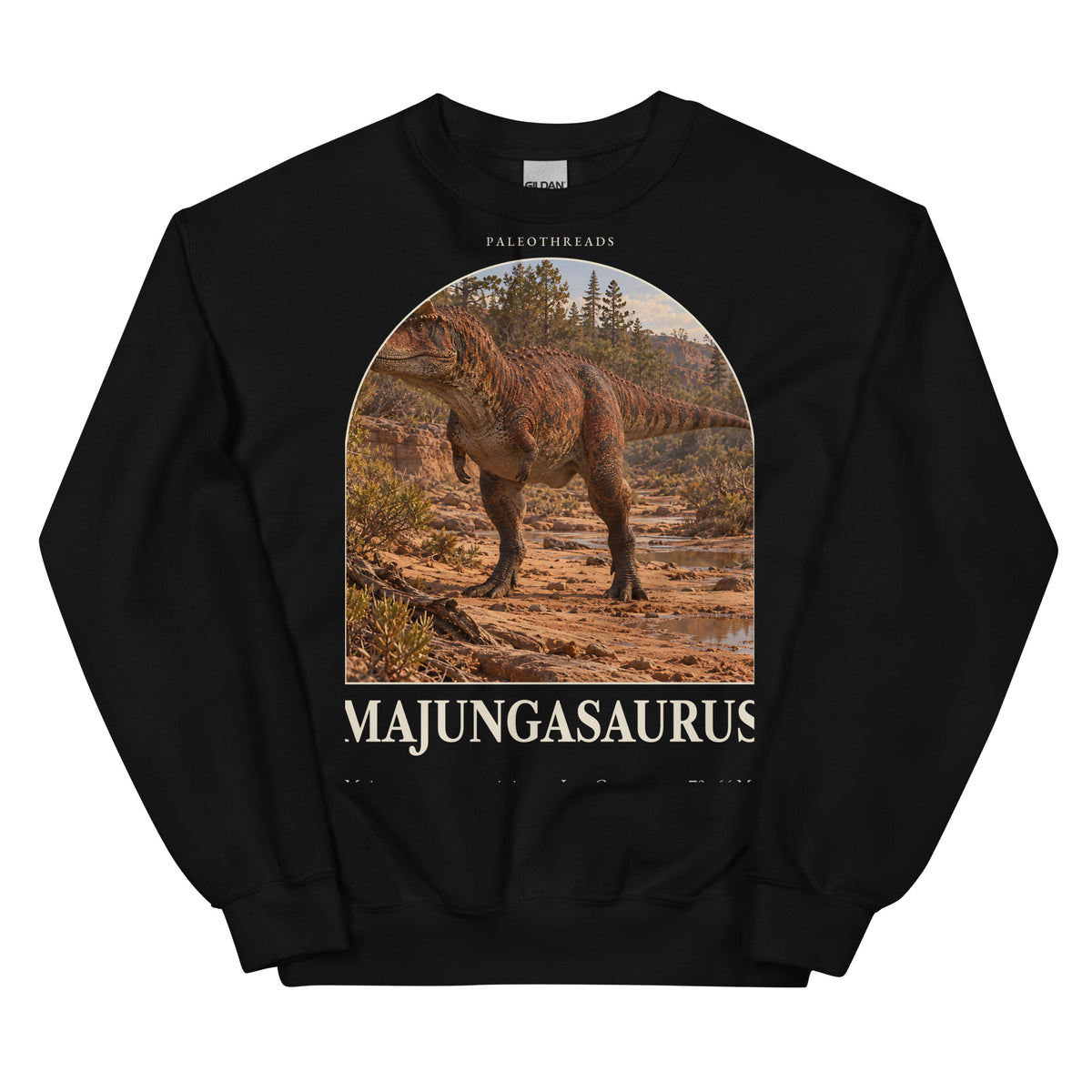 Majungasaurus crewneck sweatshirt in Black — Deep Time Atlas Plate 039, PaleoThreads