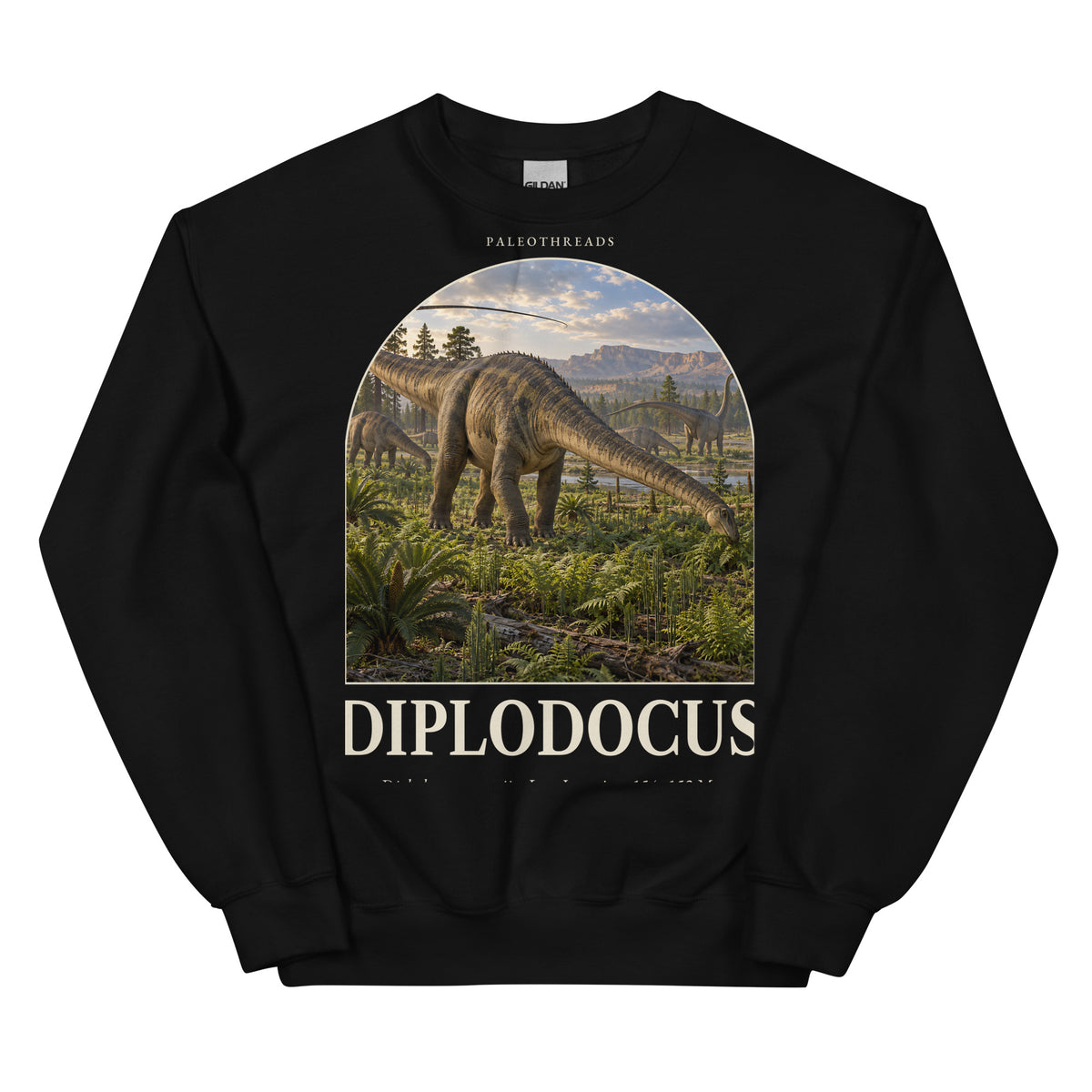 Diplodocus crewneck sweatshirt in Black — Deep Time Atlas Plate 045, PaleoThreads