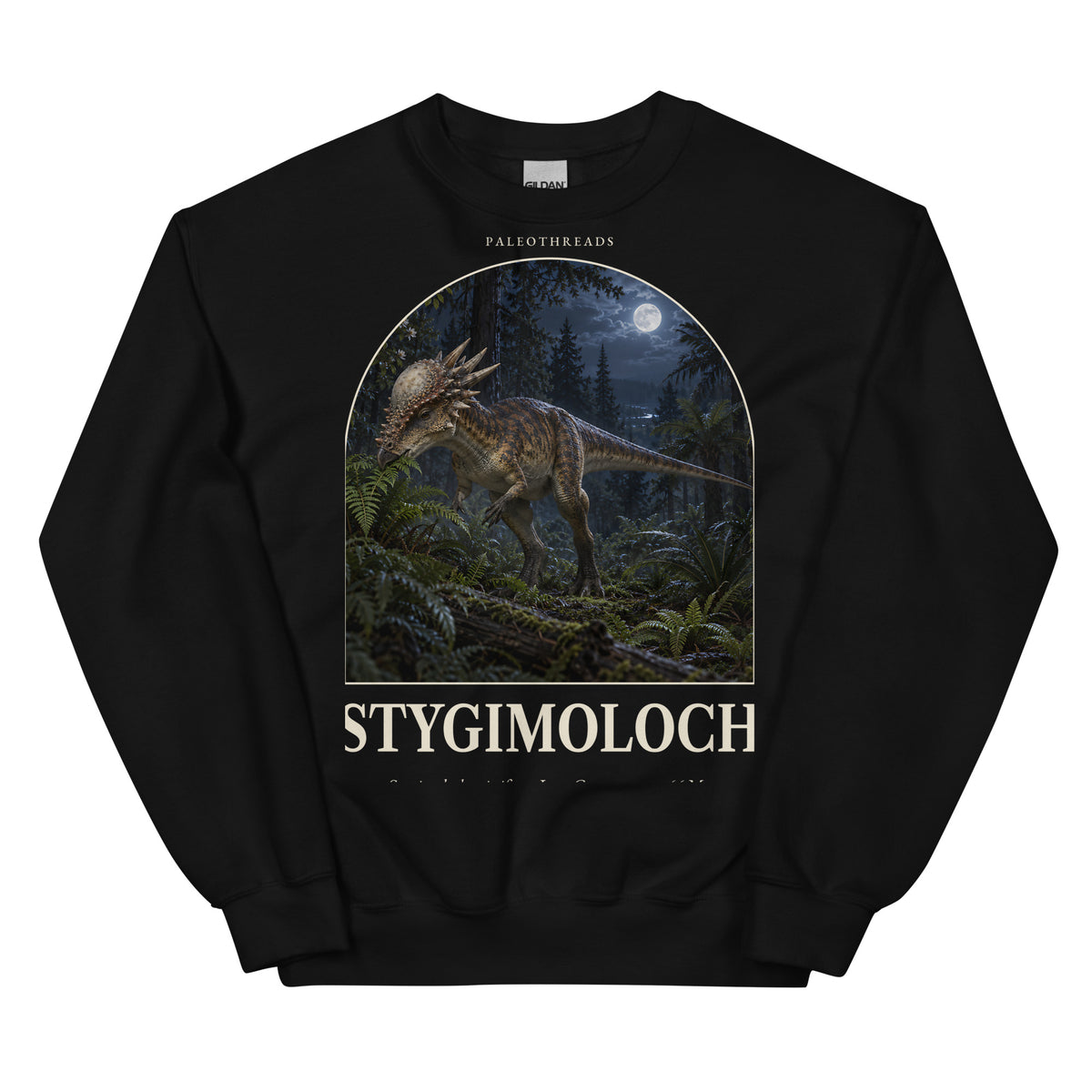 Stygimoloch crewneck sweatshirt in Black — Deep Time Atlas Plate 044, PaleoThreads