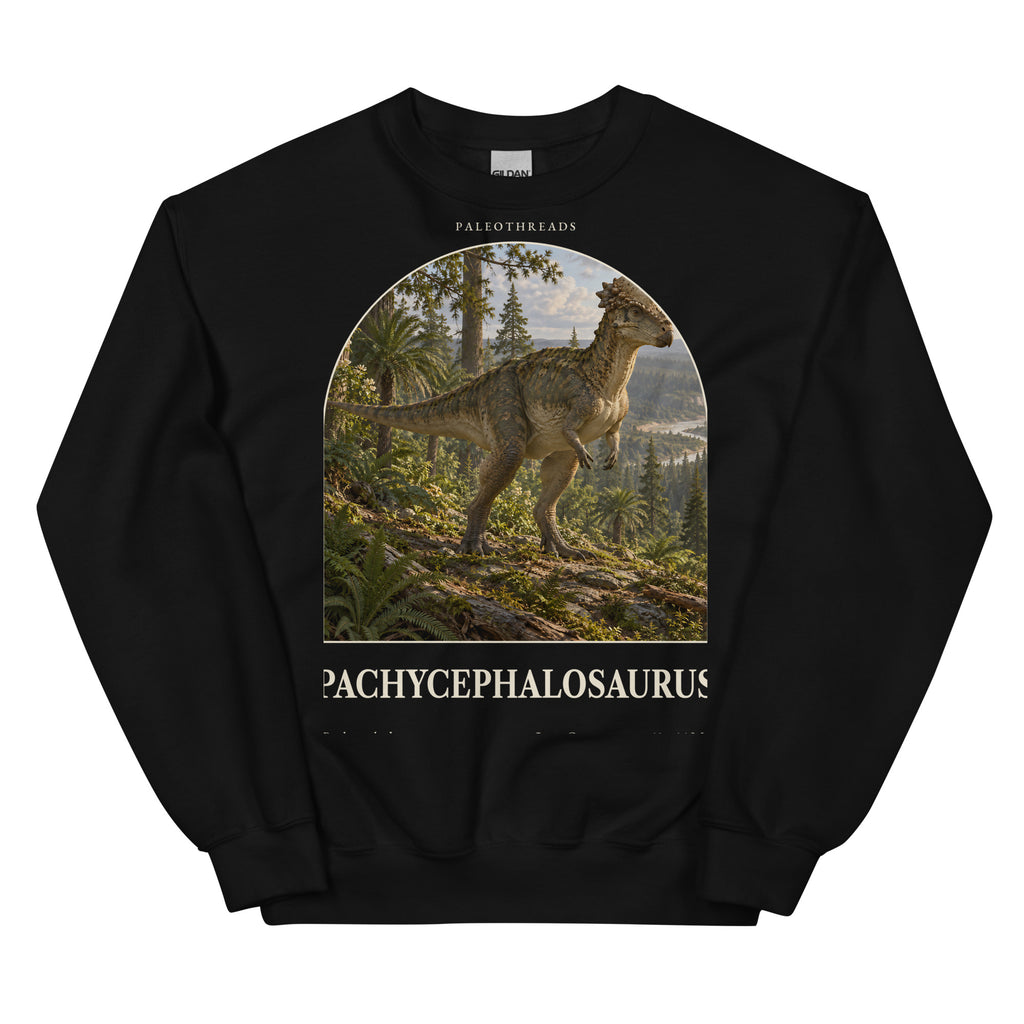 Pachycephalosaurus crewneck sweatshirt in Black — Deep Time Atlas Plate 043, PaleoThreads