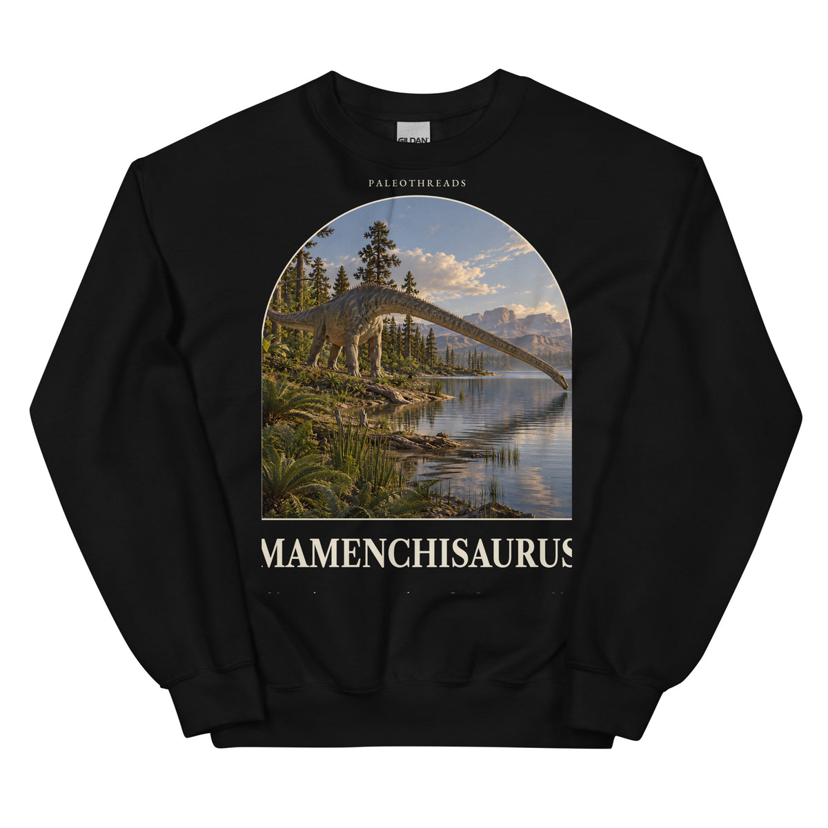 Mamenchisaurus crewneck sweatshirt in Black — Deep Time Atlas Plate 052, PaleoThreads