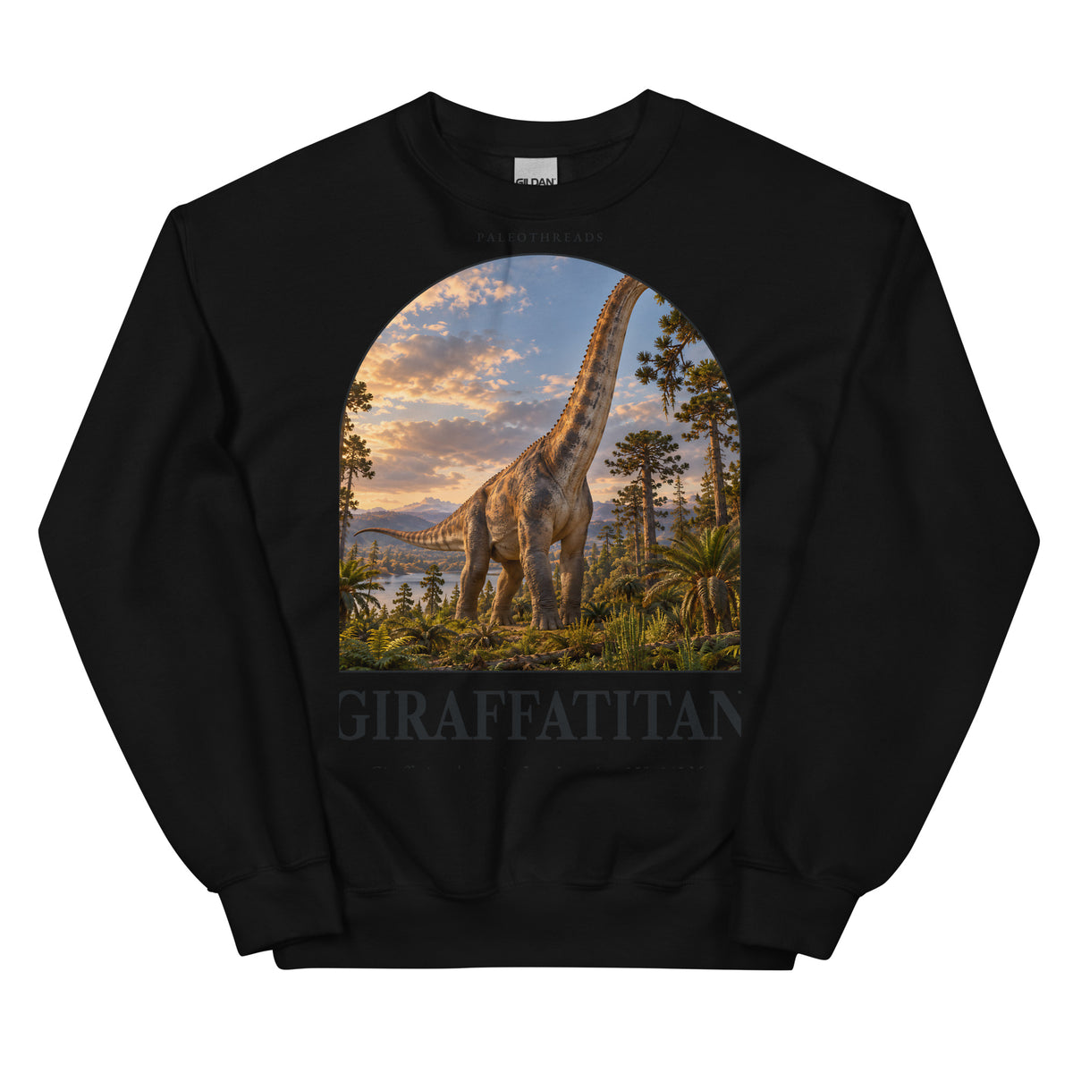 Giraffatitan crewneck sweatshirt in Black — Deep Time Atlas Plate 051, PaleoThreads