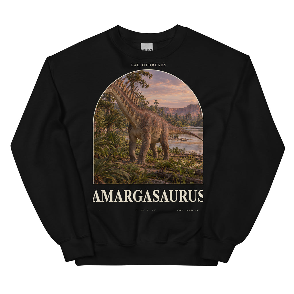 Amargasaurus crewneck sweatshirt in Black — Deep Time Atlas Plate 053, PaleoThreads