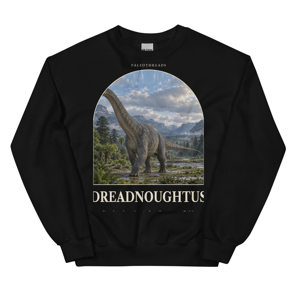 Dreadnoughtus crewneck sweatshirt in Black — Deep Time Atlas Plate 055, PaleoThreads