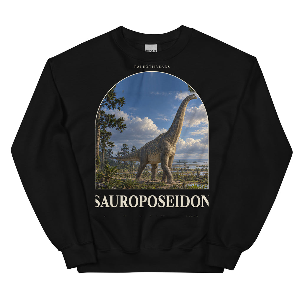 Sauroposeidon crewneck sweatshirt in Black — Deep Time Atlas Plate 057, PaleoThreads